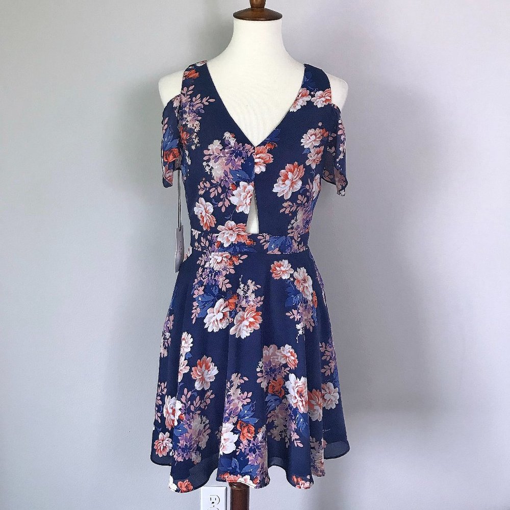 Ali & Jay Los Angeles Anthro Blue Floral Cutout Cold Shoulder Chiffon Mini Dress